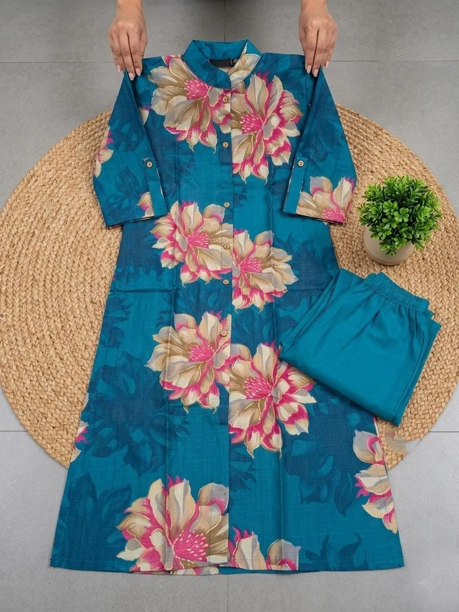Turquoise Blue Floral Kurta Pant Set